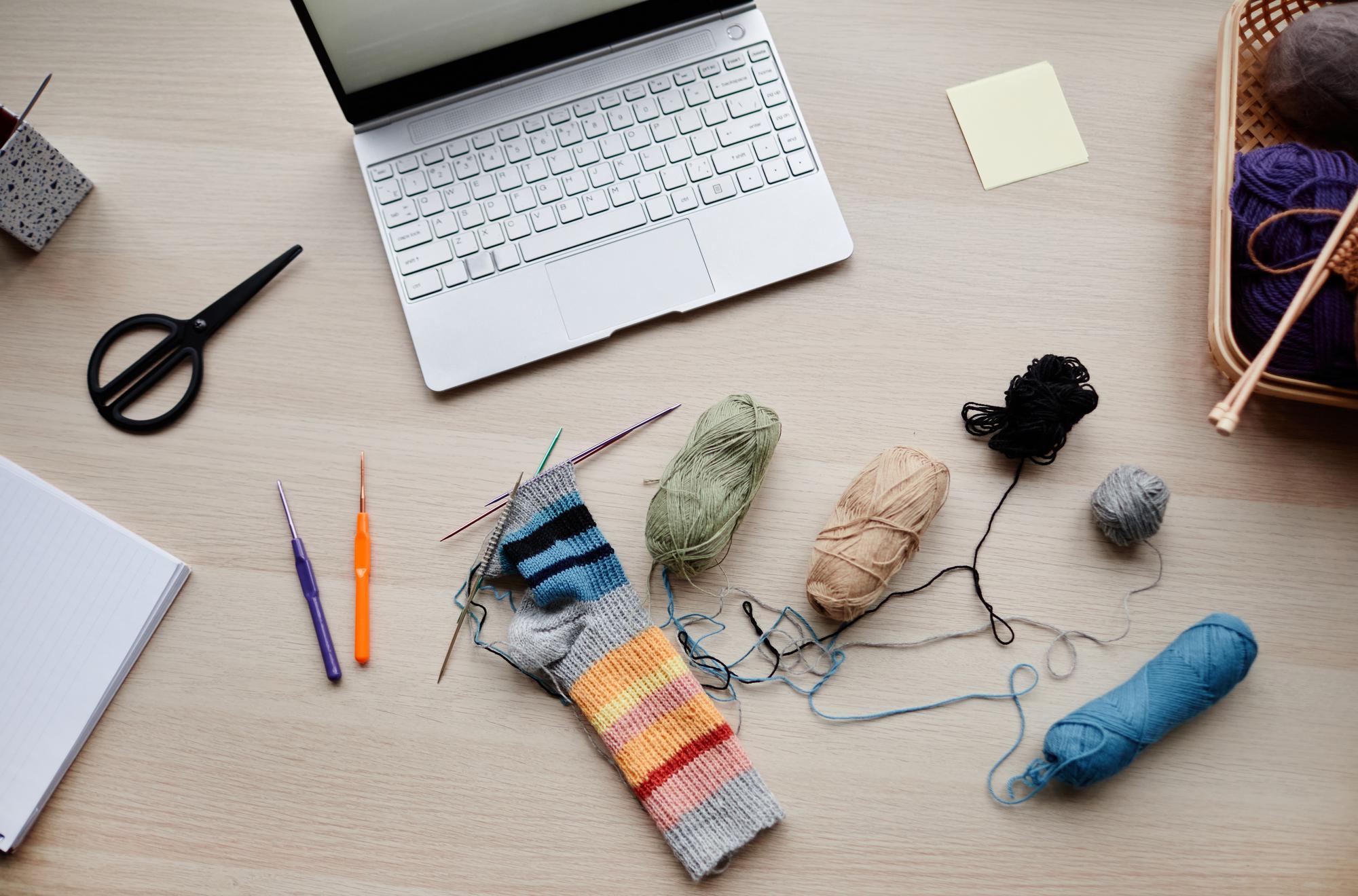 Workshop table with embroidery tools